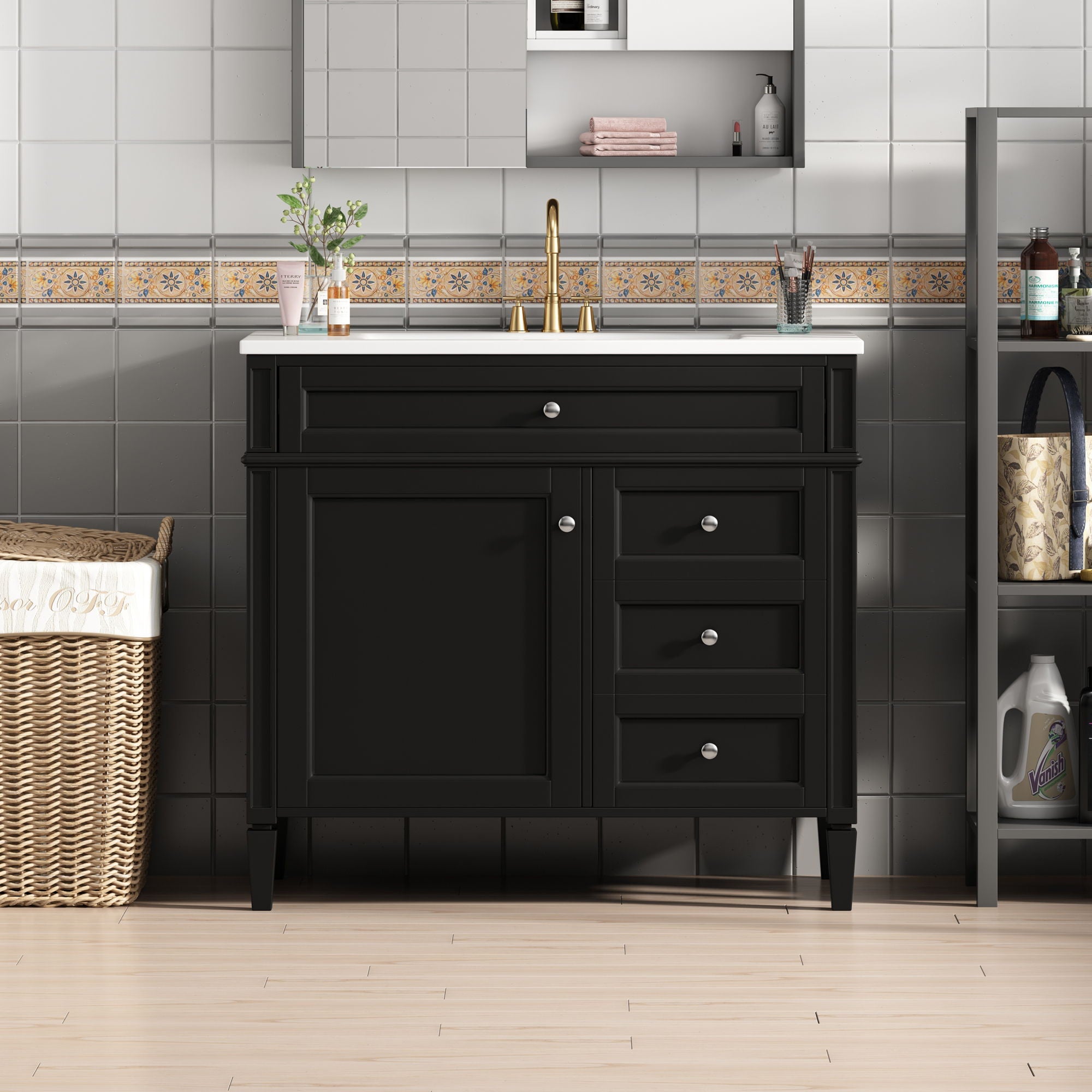 Bathroom Vanity &amp; Top Sink, Modern Bathroom Storage Cabinet With 2 Drawers And A Tip-Out Drawer
