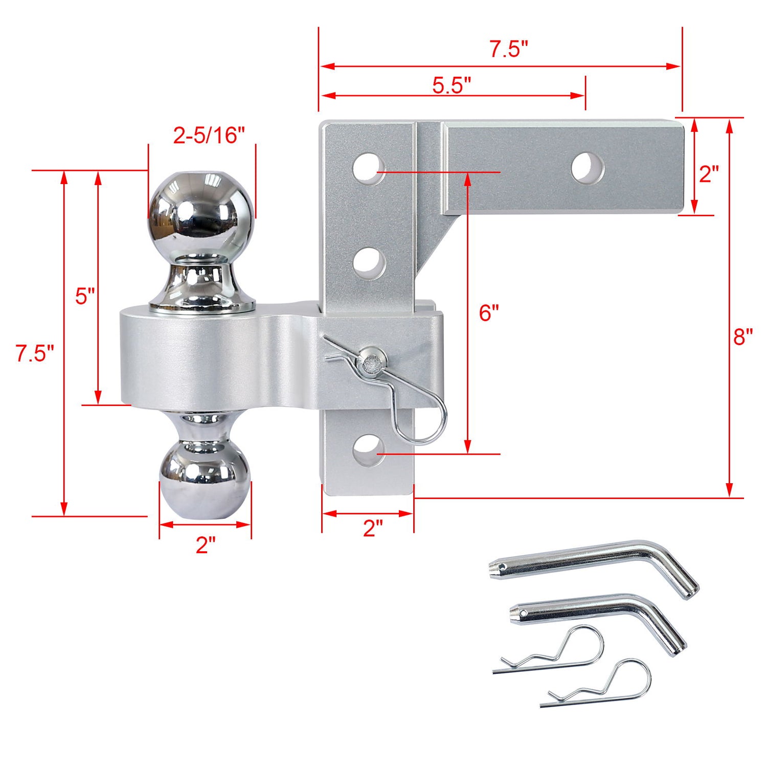 Alu - Adjustable Trailer Drop Hitch With 2&quot; Receiver, 6&quot; Adjustable - Silver