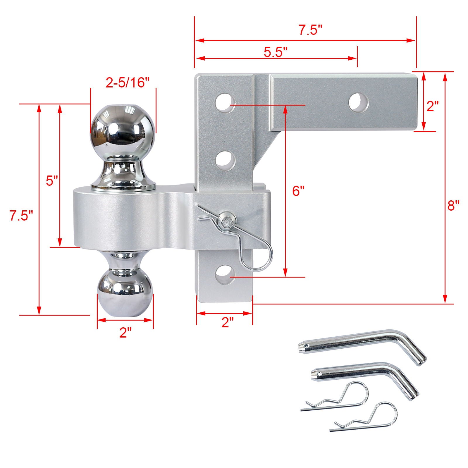 Alu - Adjustable Trailer Drop Hitch With 2&quot; Receiver, 6&quot; Adjustable - Silver