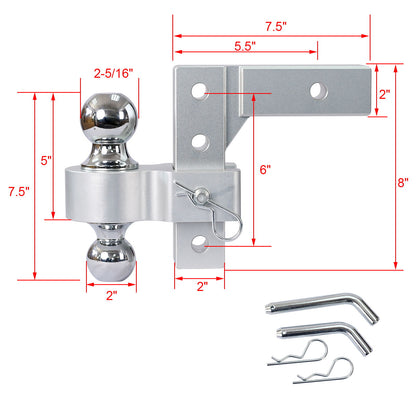 Alu - Adjustable Trailer Drop Hitch With 2&quot; Receiver, 6&quot; Adjustable - Silver