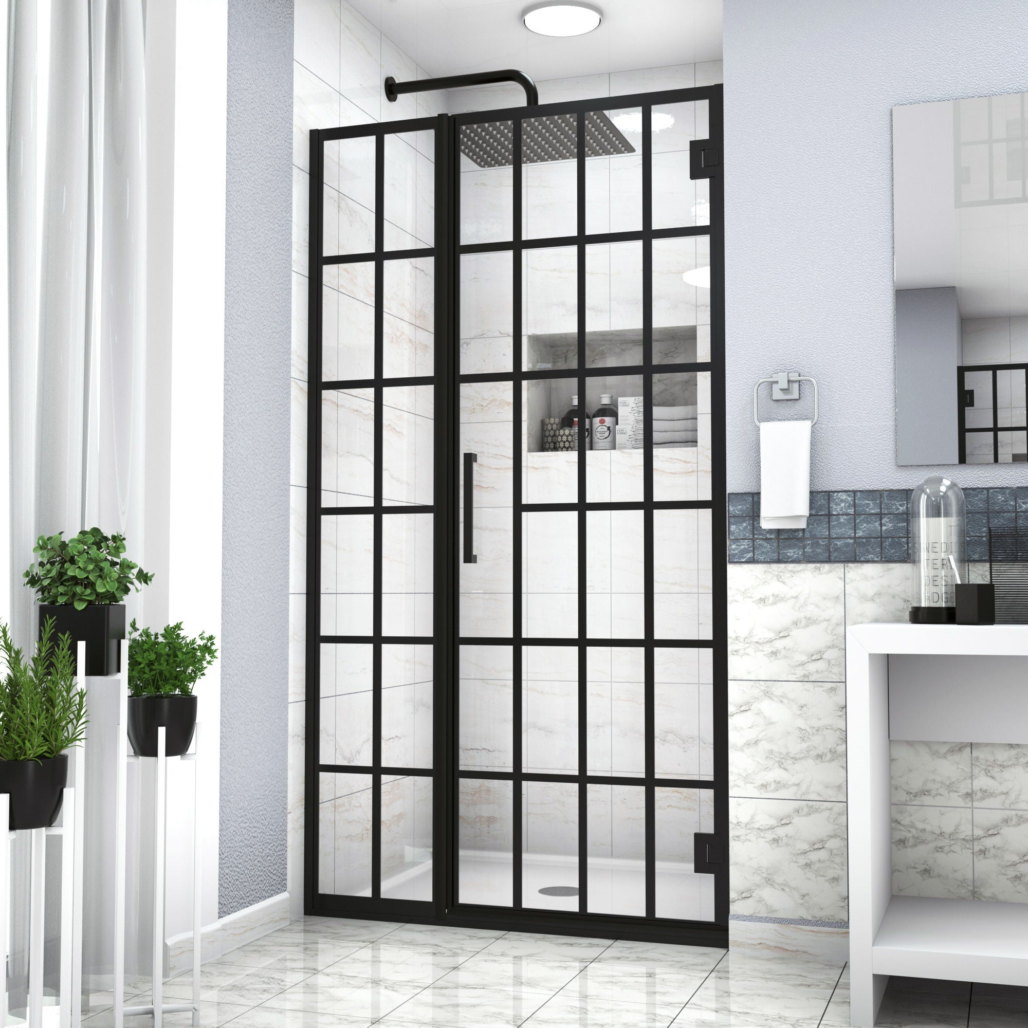 Frameless Pivot Shower Door With Pattern Glass, Open Entry Design