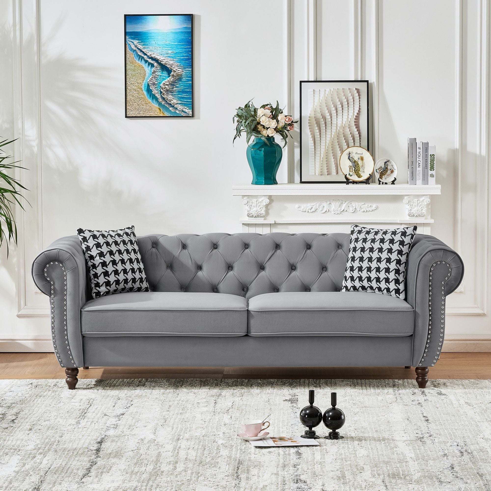Chesterfield Velvet Upholstery Fabric Sofa With Roll Armrest &amp; Nailhead