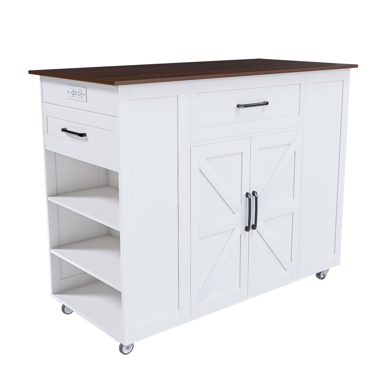 Rustic Movable Kitchen Island On Wheels With Storage &amp; Power Outlet - White