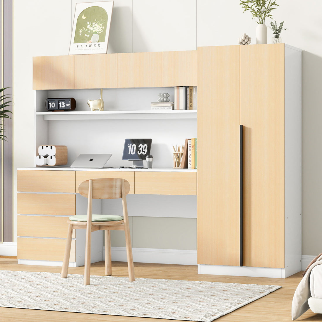 2 Door Storage Desk Wardrobe For Bedroom With Shelves And Drawers