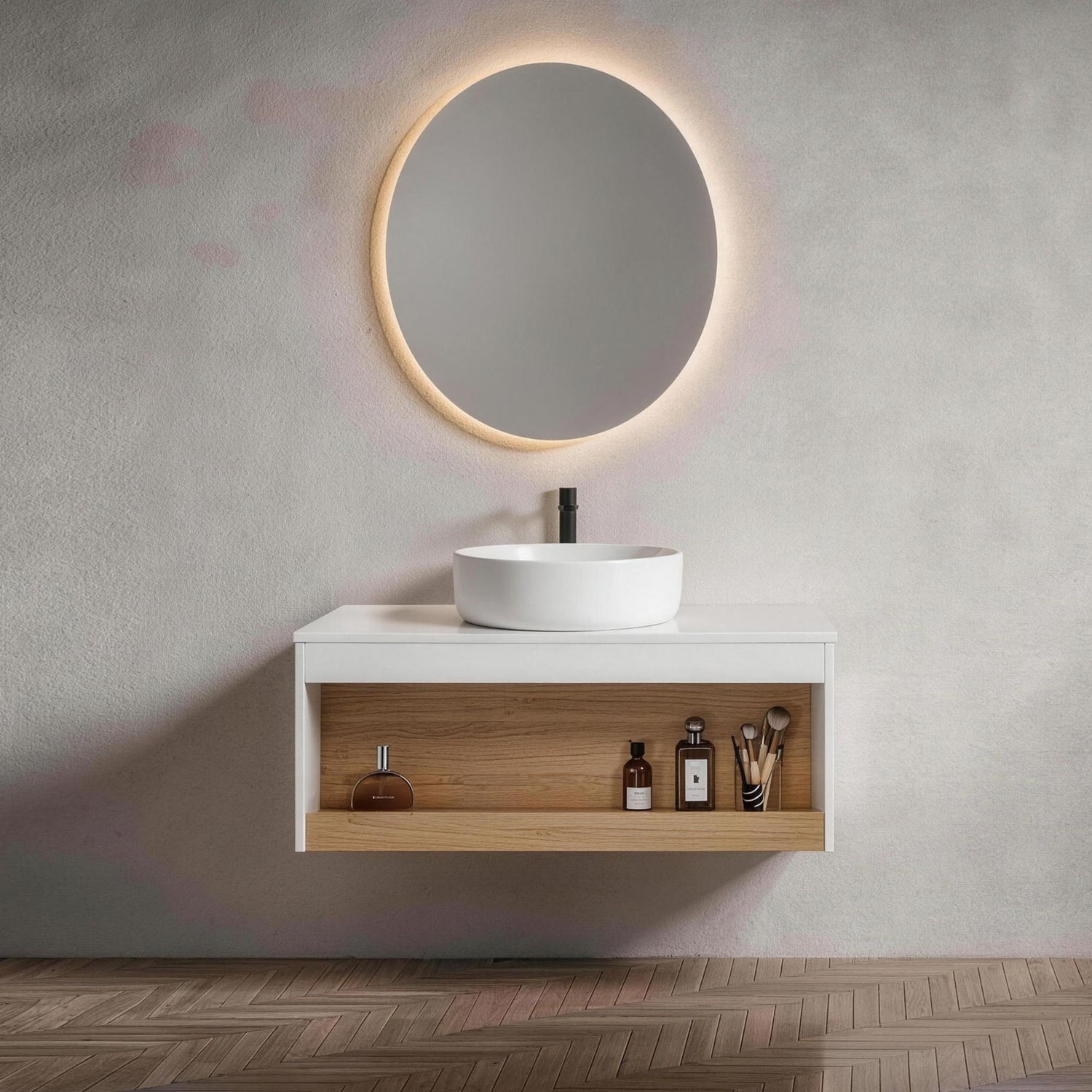 Floating Bathroom Vanity With Glossy Round Vessel Sink