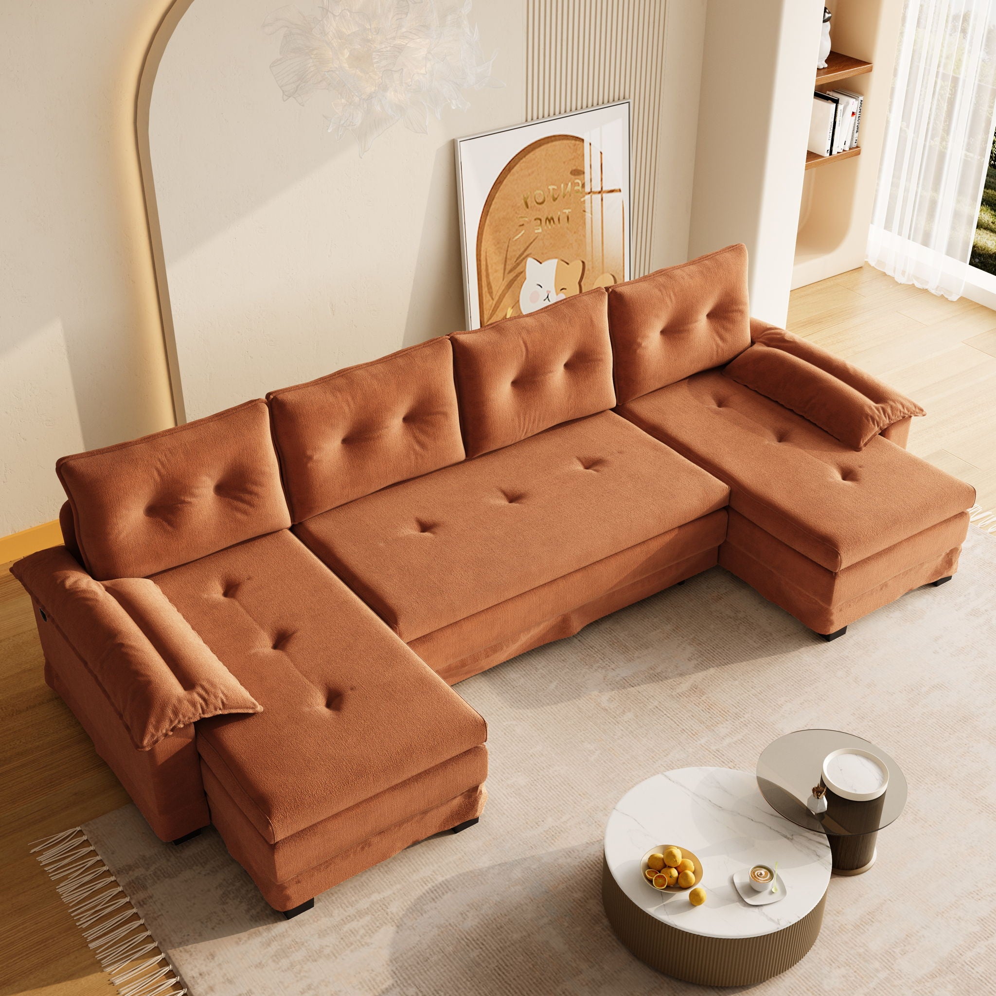 U-Shaped Sleeper Sofa With Pull Out Bed, Removable Armrests &amp; USB Ports For Living Room