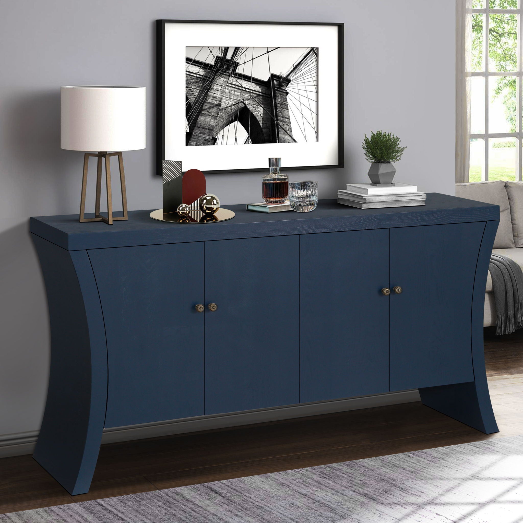 Refined Industrial 4 Door Credenza With Arc Legs &amp; Bronze Clasps