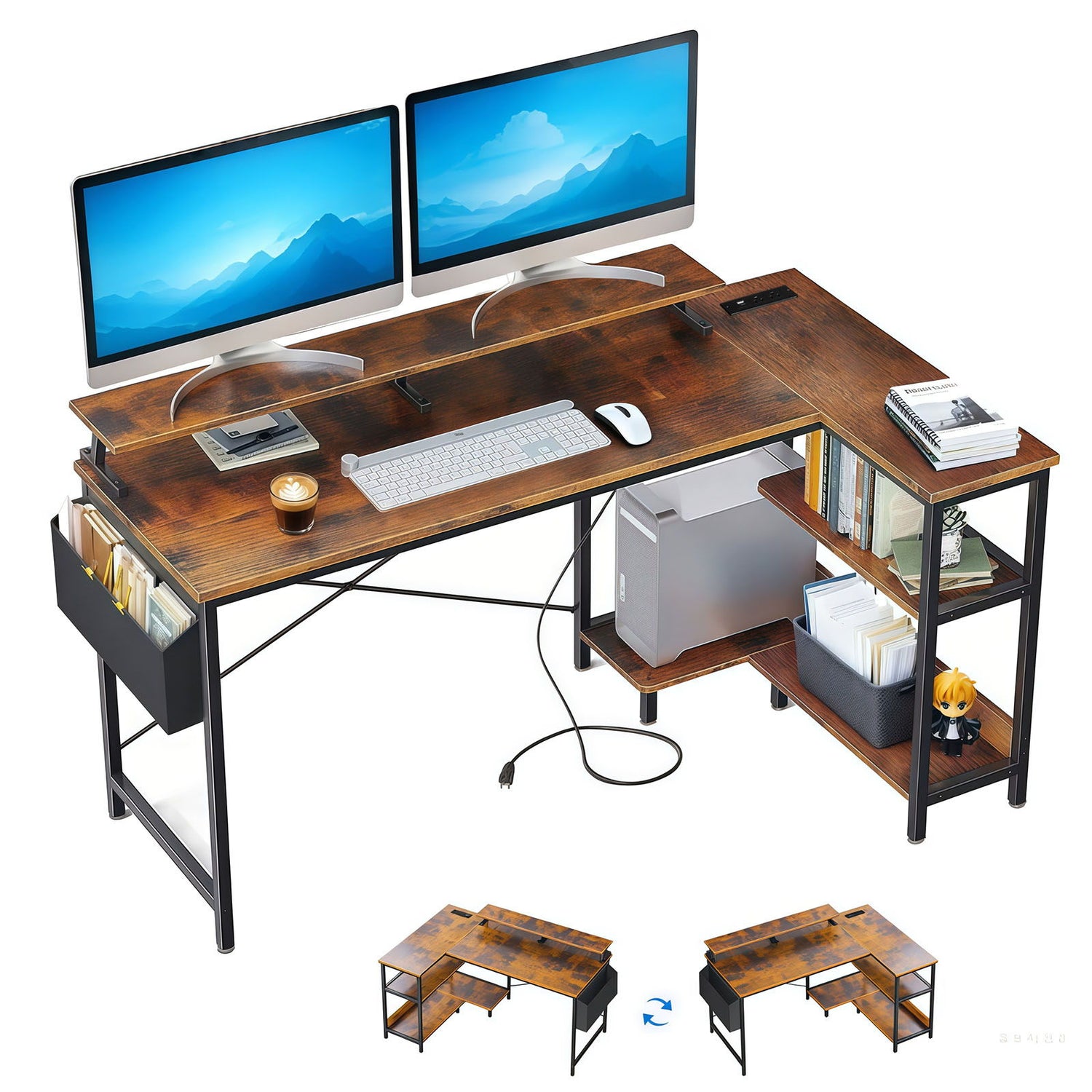 L-Shaped Gaming Desk With Power Outlets, Monitor Stand &amp; Storage Shelves, Reversible Corner Workstation - Black / Brown