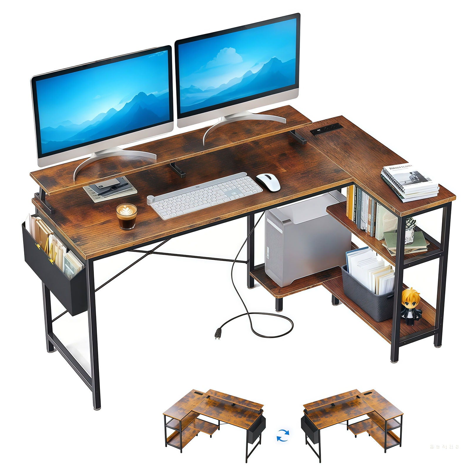 L-Shaped Gaming Desk With Power Outlets, Monitor Stand &amp; Storage Shelves, Reversible Corner Workstation - Black / Brown