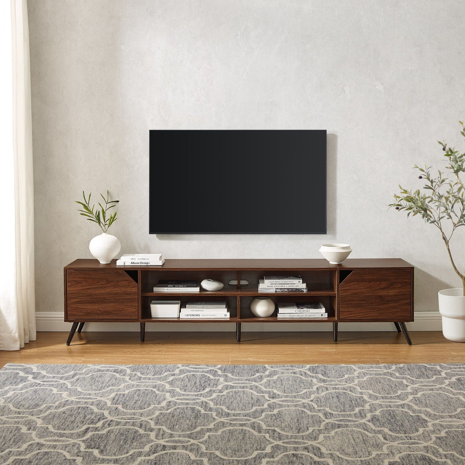 Contemporary 2 Door Minimalist TV Stand For TVs Up To 90&quot; - Dark Walnut