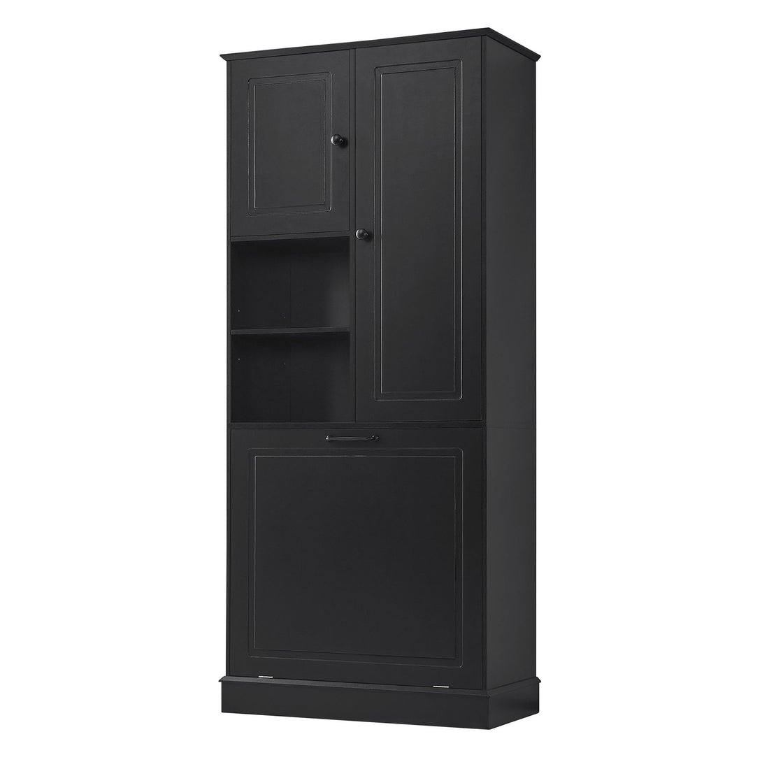 Modern Tall Storage Cabinet With Adjustable Shelves, Flip-Out Basket &amp; Enclosed Doors