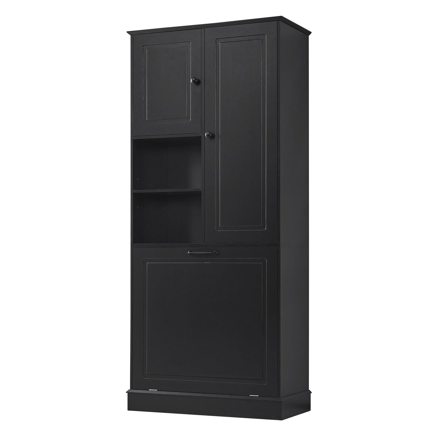 Modern Tall Storage Cabinet With Adjustable Shelves, Flip-Out Basket &amp; Enclosed Doors