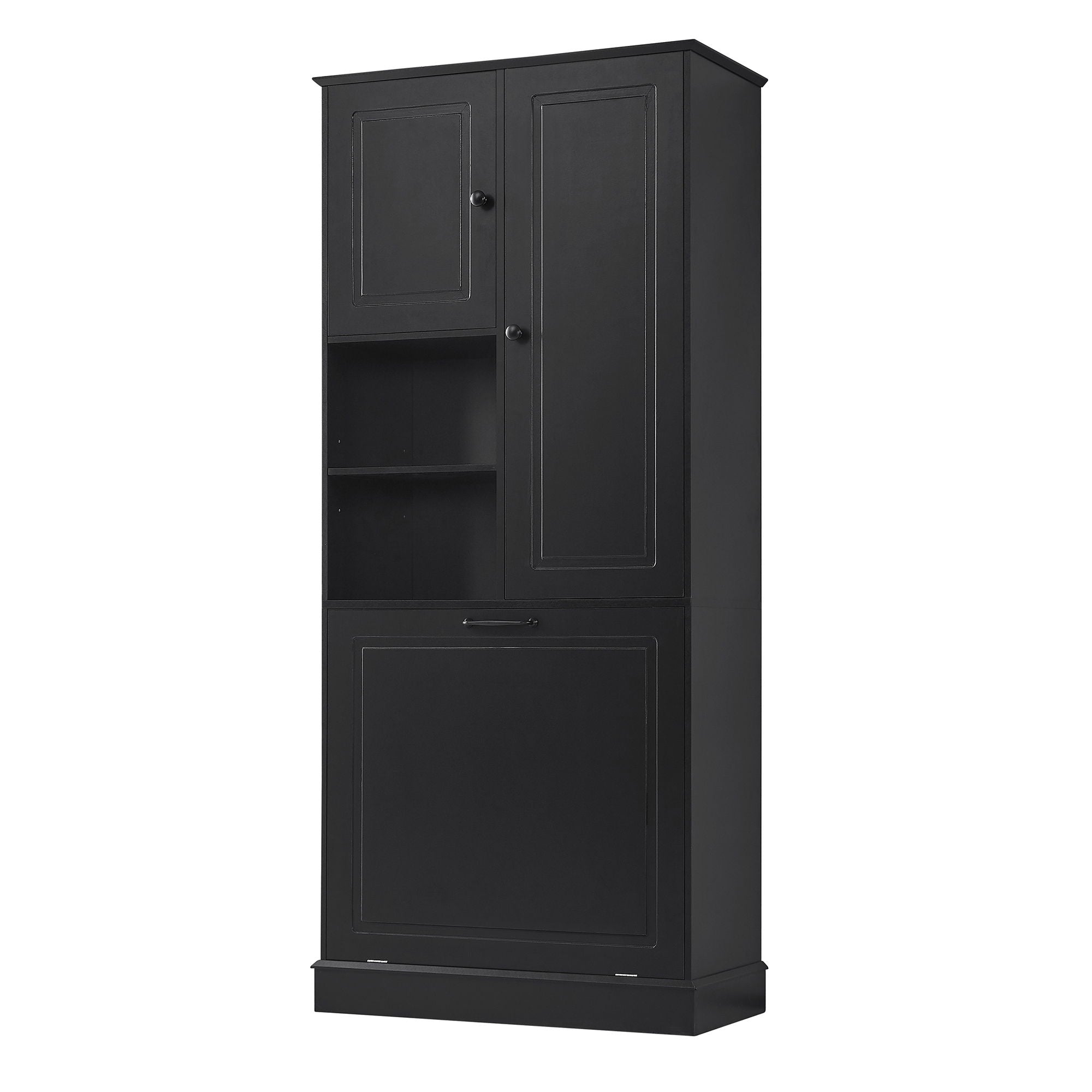 Modern Tall Storage Cabinet With Adjustable Shelves, Flip-Out Basket &amp; Enclosed Doors