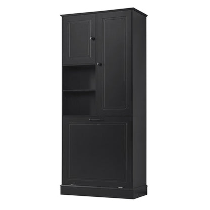 Modern Tall Storage Cabinet With Adjustable Shelves, Flip-Out Basket &amp; Enclosed Doors