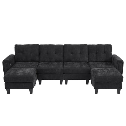 Modular Sectional Sofa With Movable Ottomans, USB Ports &amp; Side Tables