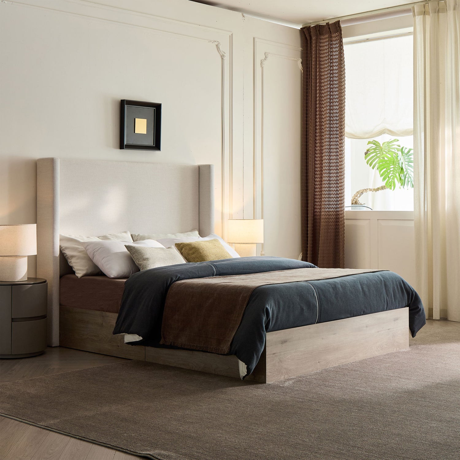 Shelton - Queen Upholstered Wingback Bed With 54&quot; High Headboard - Ivory / Light Gray / Camel Oak