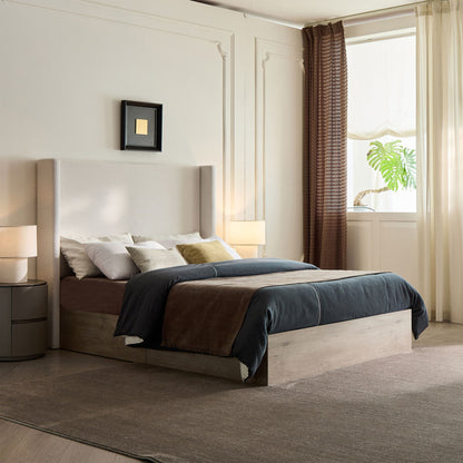 Shelton - Queen Upholstered Wingback Bed With 54&quot; High Headboard - Ivory / Light Gray / Camel Oak