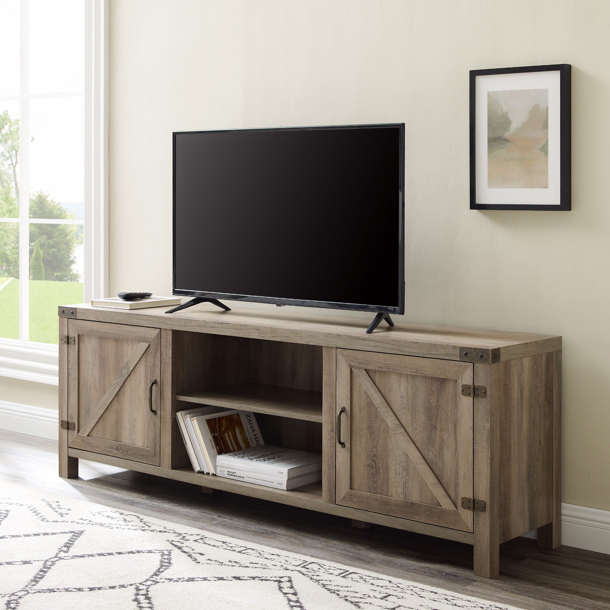 Rustic Farmhouse Double Barn Door 70&quot; TV Stand For 80&quot; TVs With Center Shelves