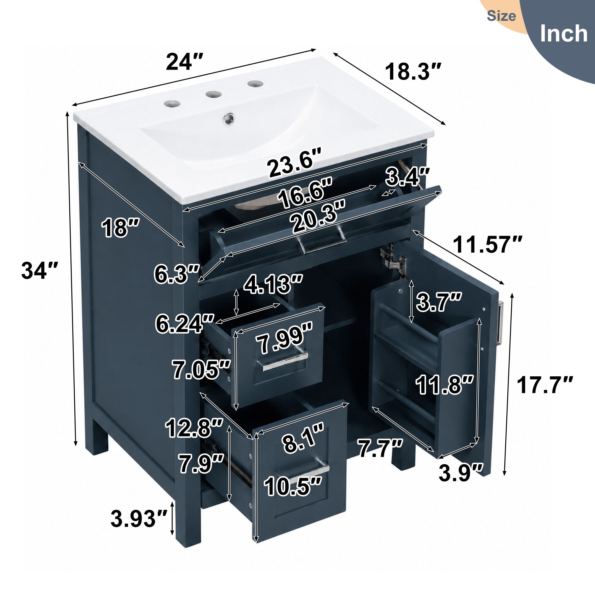Modern Bathroom Vanity With Sink, Flip Drawer &amp; 2 Drawers, Soft Close Hinges, Adjustable Shelf