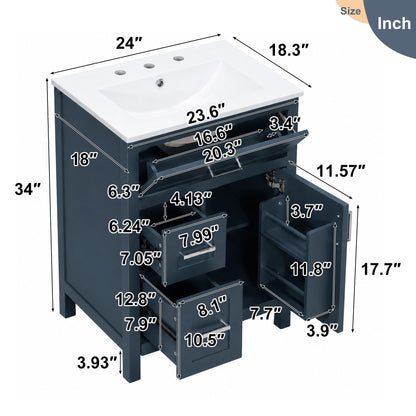 Modern Bathroom Vanity With Sink, Flip Drawer &amp; 2 Drawers, Soft Close Hinges, Adjustable Shelf