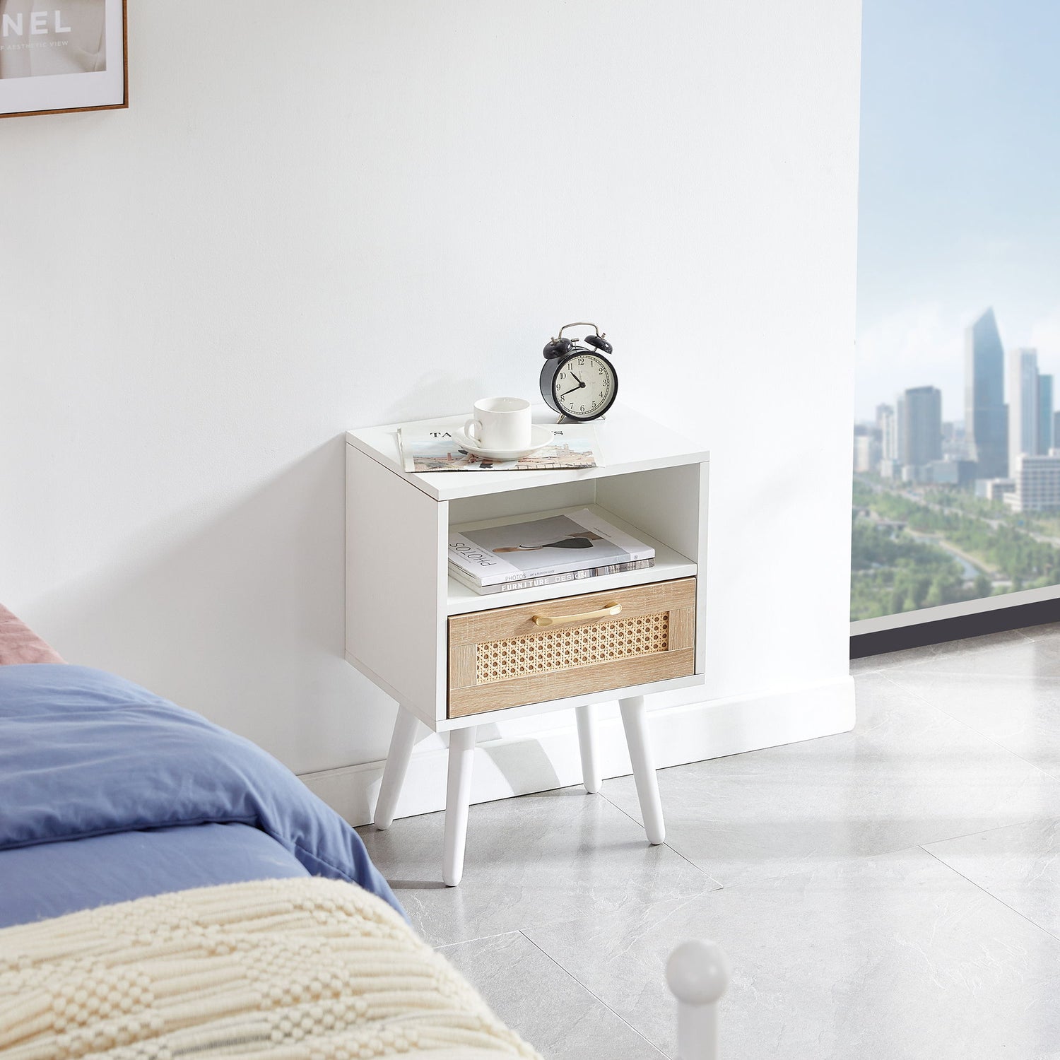 15.75&quot; Rattan End Table With Drawer And Solid Wood Legs, Modern Nightstand, Side Table For Living Room, Bedroom