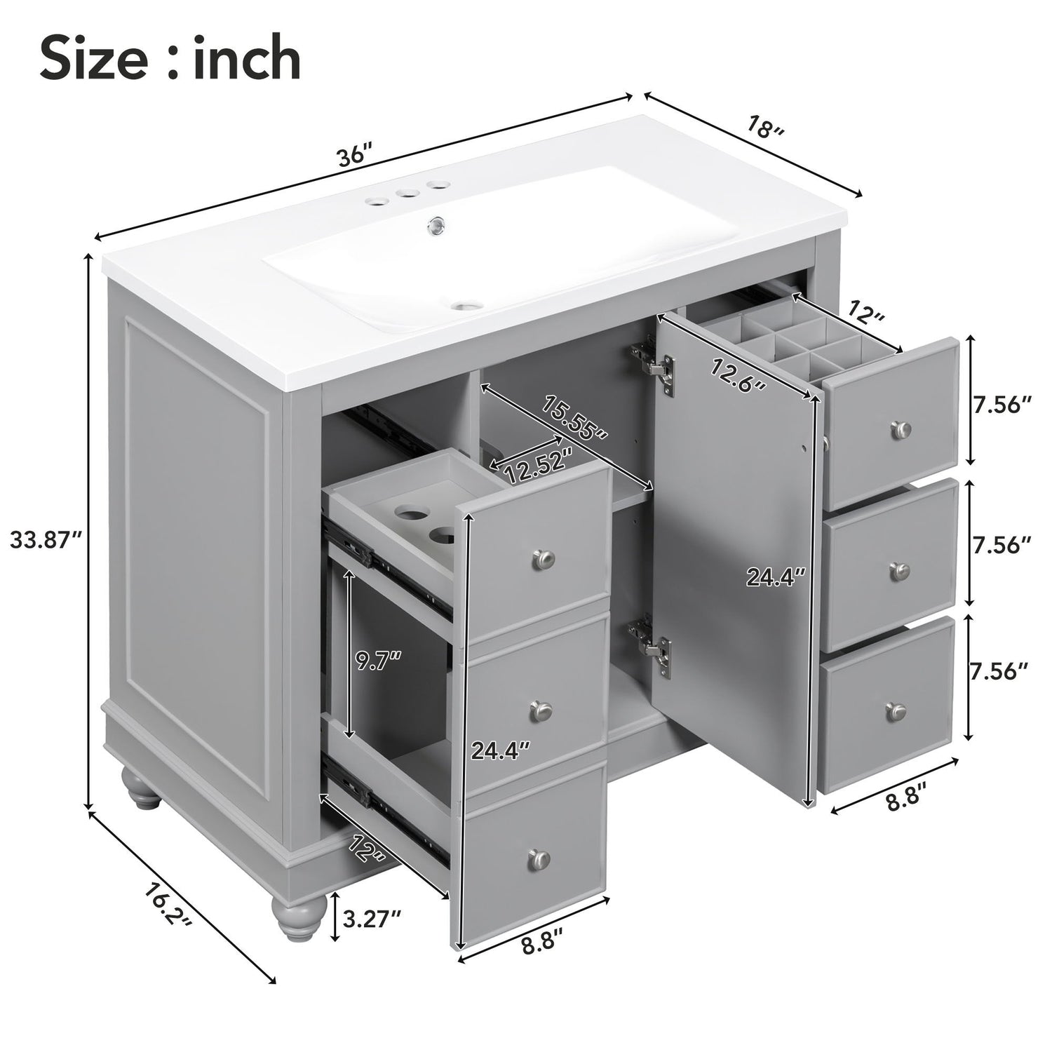 Contemporary Bathroom Vanity Cabinet, 4 Drawers &amp; 1 Cabinet Door, Multipurpose Storage, Resin Integrated Sink, Adjustable Shelves, Solid Wood Frame With MDF