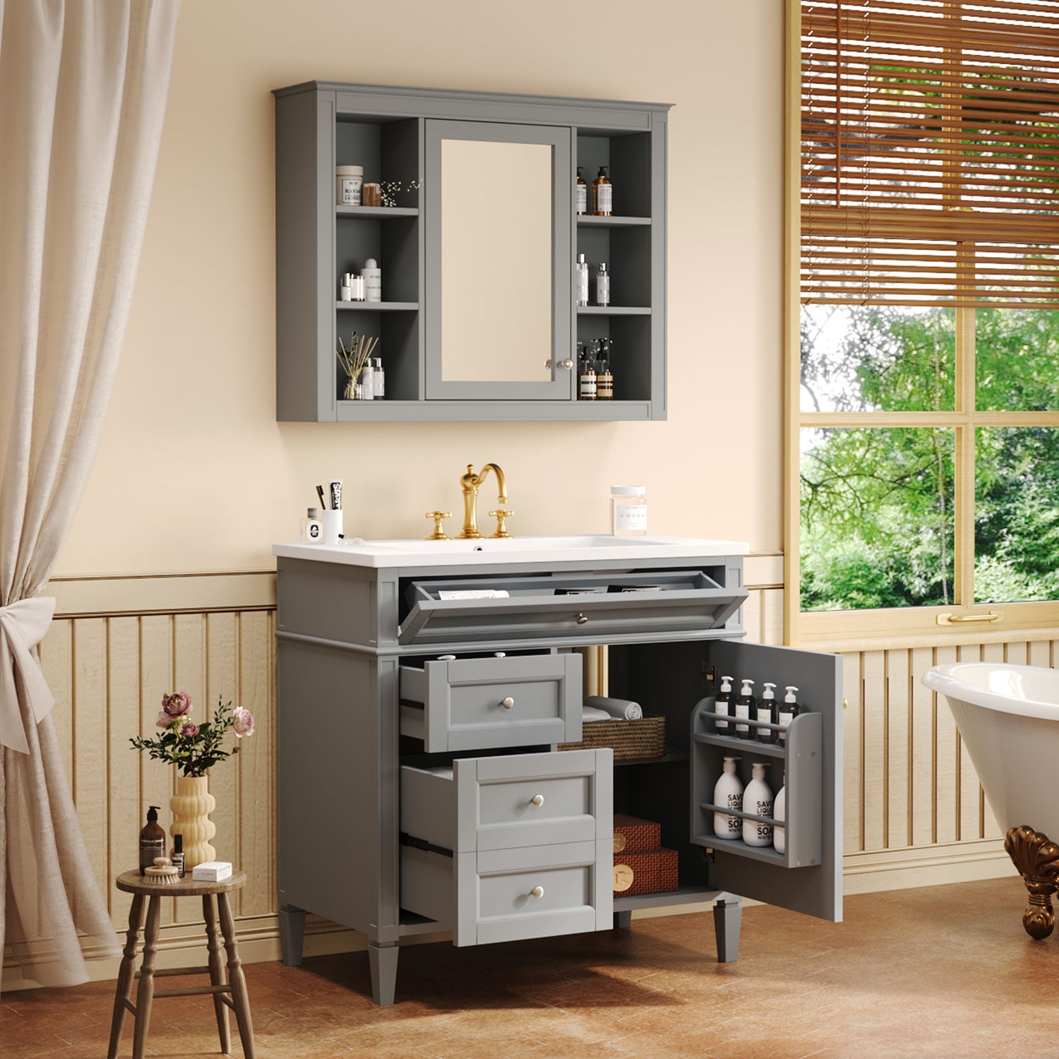 Bathroom Vanity With Mirror Cabinet, Single Sink With 2 Soft Closing Doors And 4 Drawers