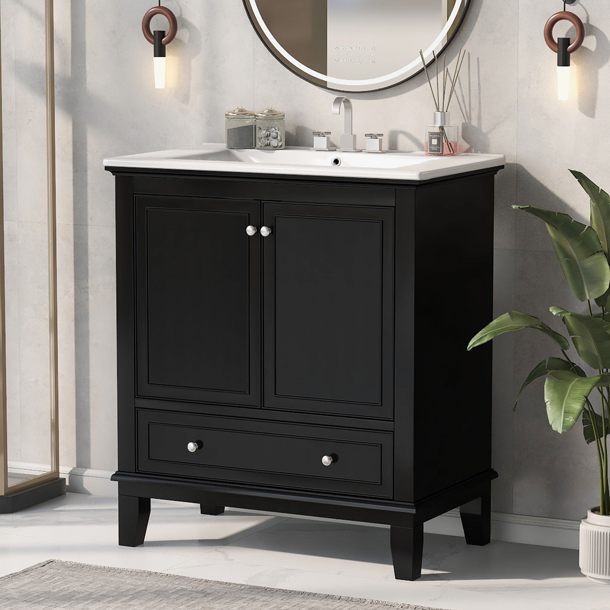 30&quot; Bathroom Vanity With Sink Combo, Multi Functional Bathroom Cabinet With Doors And Drawer - Black