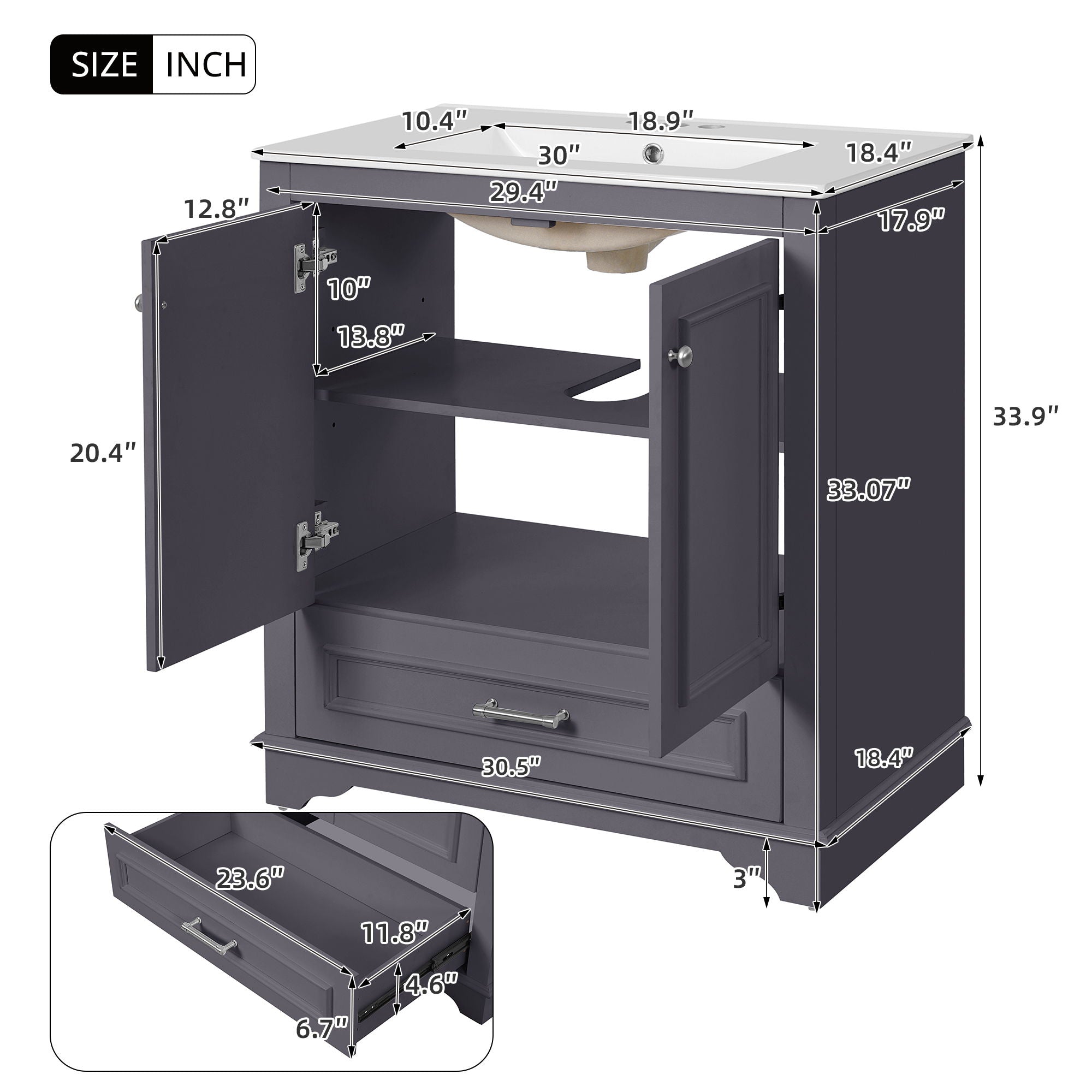 Bathroom Vanity With Sink, Cabinet &amp; 2 Soft Closing Doors &amp; Adjustable Shelf