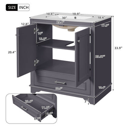 Bathroom Vanity With Sink, Cabinet &amp; 2 Soft Closing Doors &amp; Adjustable Shelf