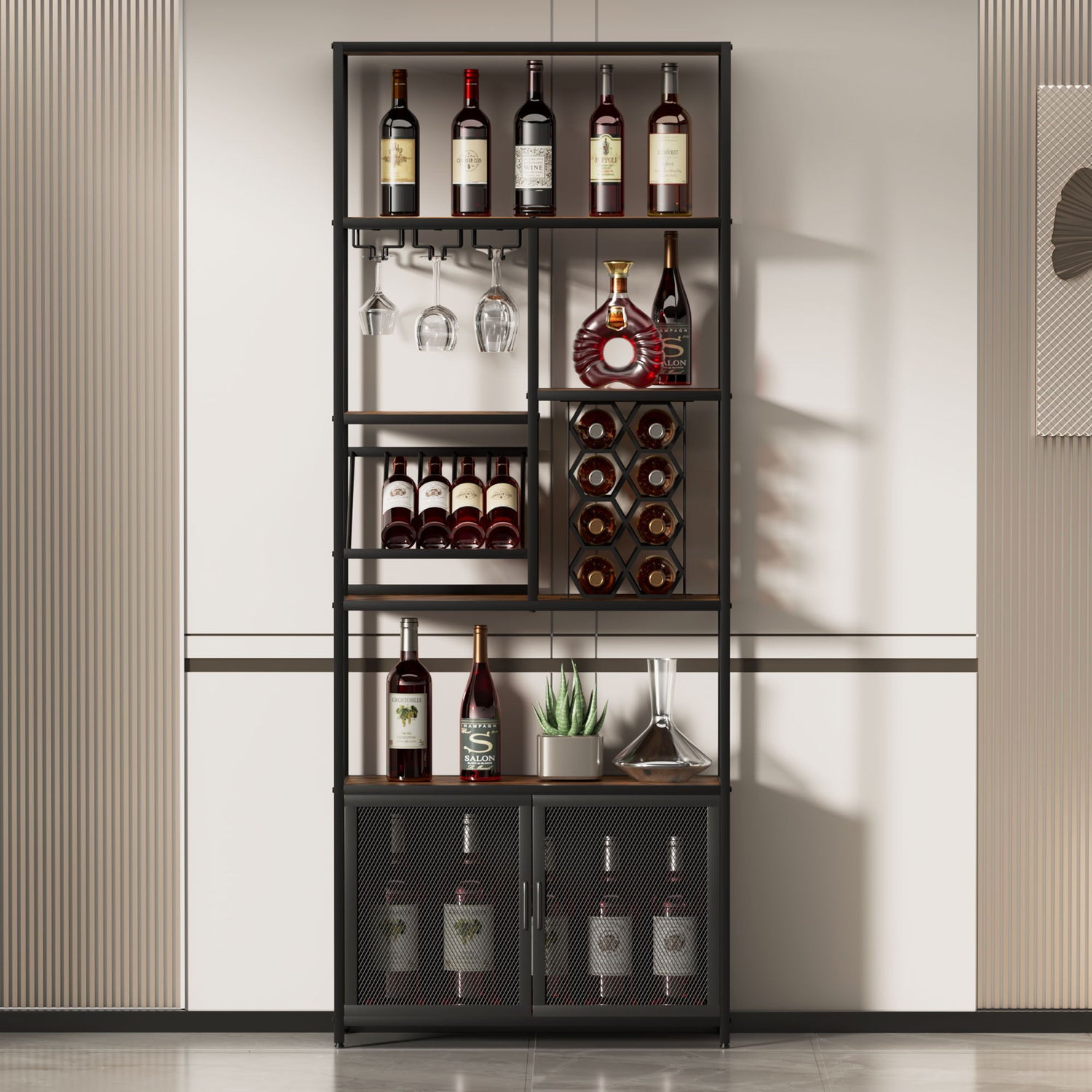 82.7&quot; Industrial Standing Wine Rack With Glass Rack Tall Freestanding Floor Bar Cabinet - Walnut / Black
