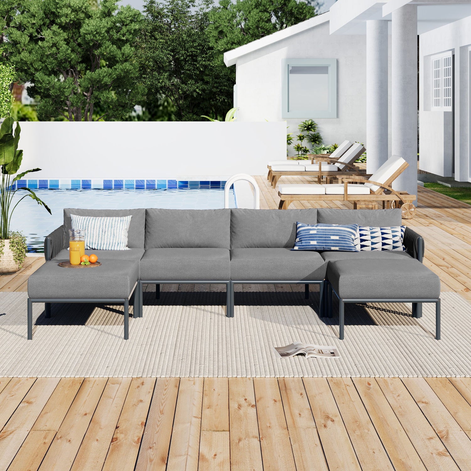 6 Pieces Aluminum Patio Furniture Set, Modern Metal Outdoor Conversation Set Sectional Sofa With Removable Olefin Extra Thick Cushions Cushion - Gray