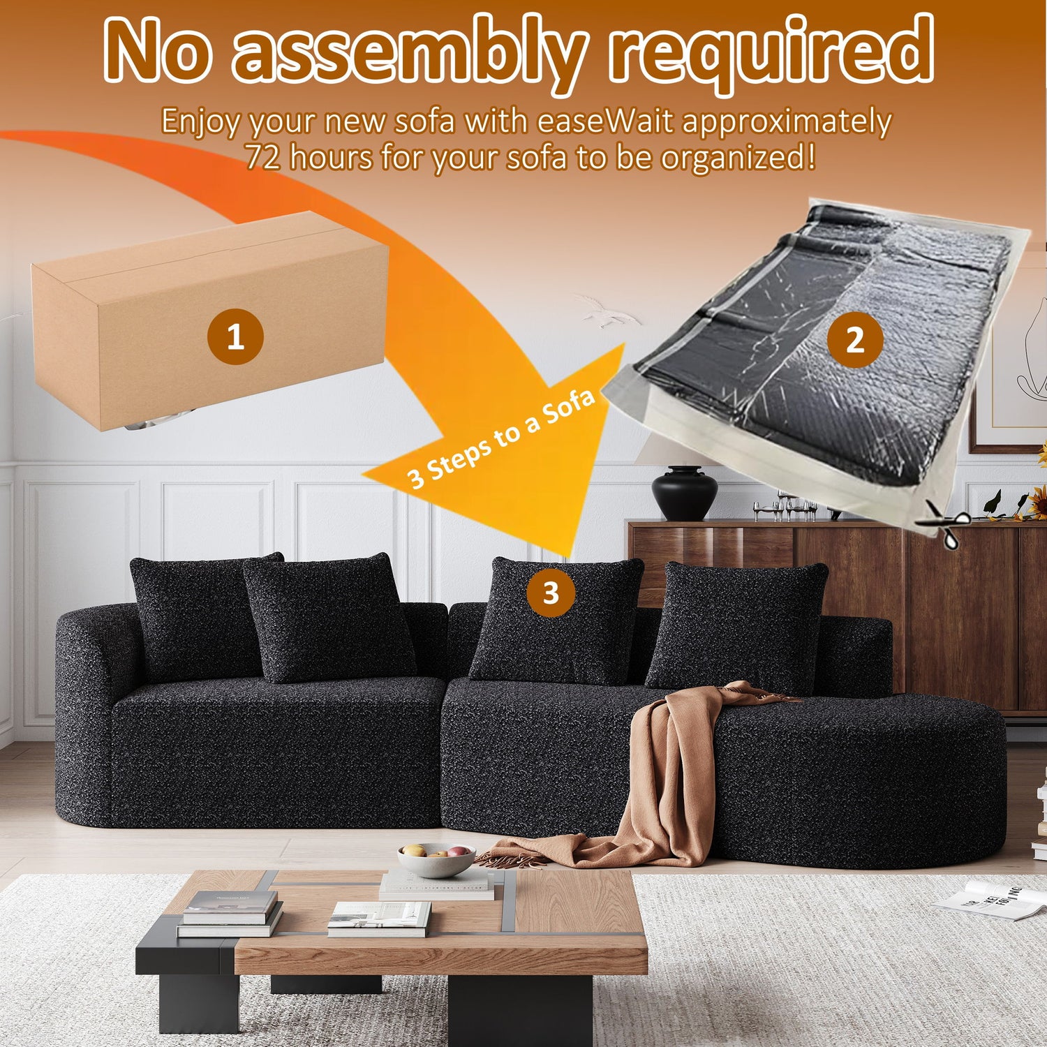Upholstered Oversized Sectional Sofa, 4 Seater Extra Deep &amp; Wide Curved Cloud Couch With 4 Throw Pillows For Living Room - Black