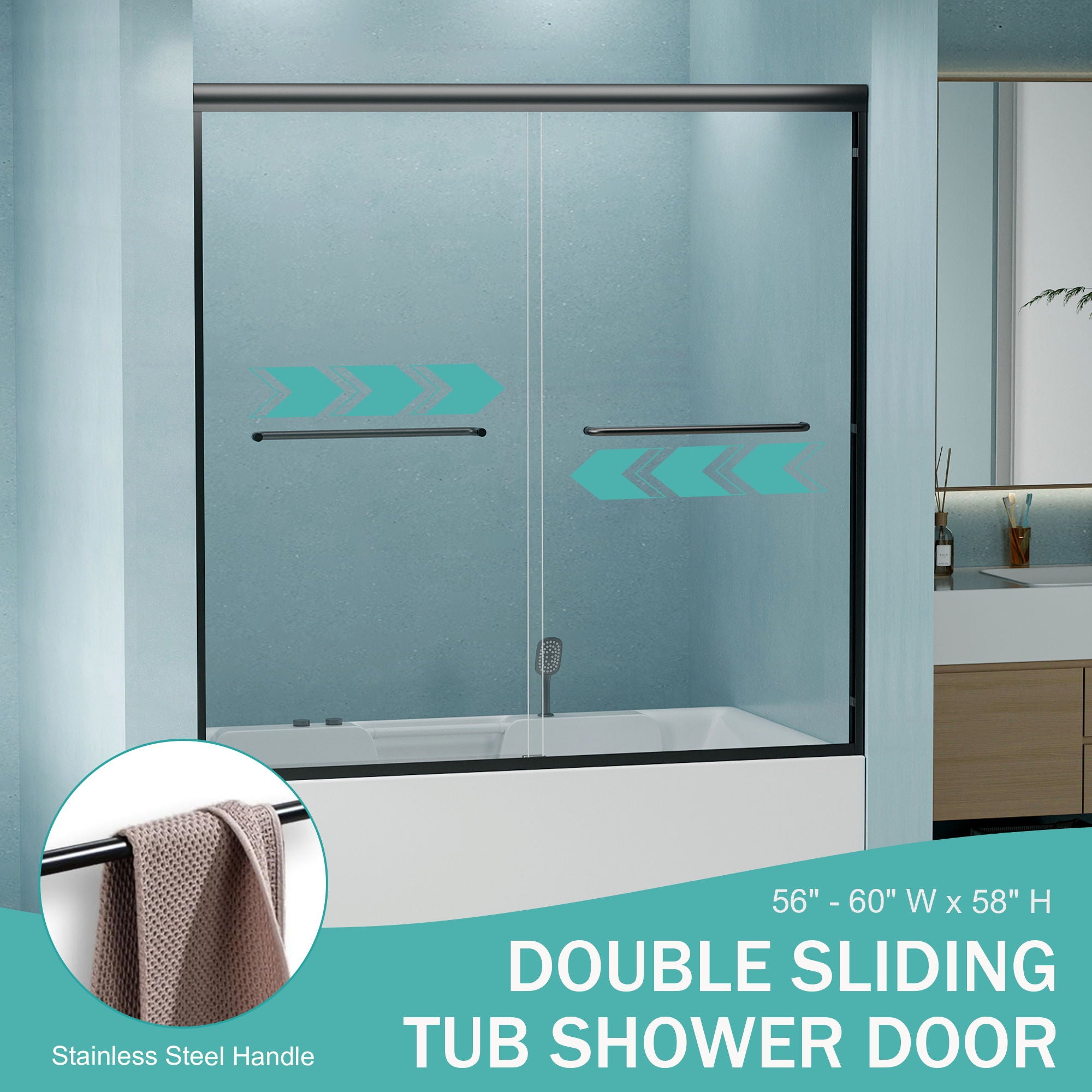 Double Sliding Bathtub Shower Door, Semi Frameless Bypass, 1 / 4&quot; (6Mm) With Explosion - Proof Film, Adjustable Aluminum Alloy Frame
