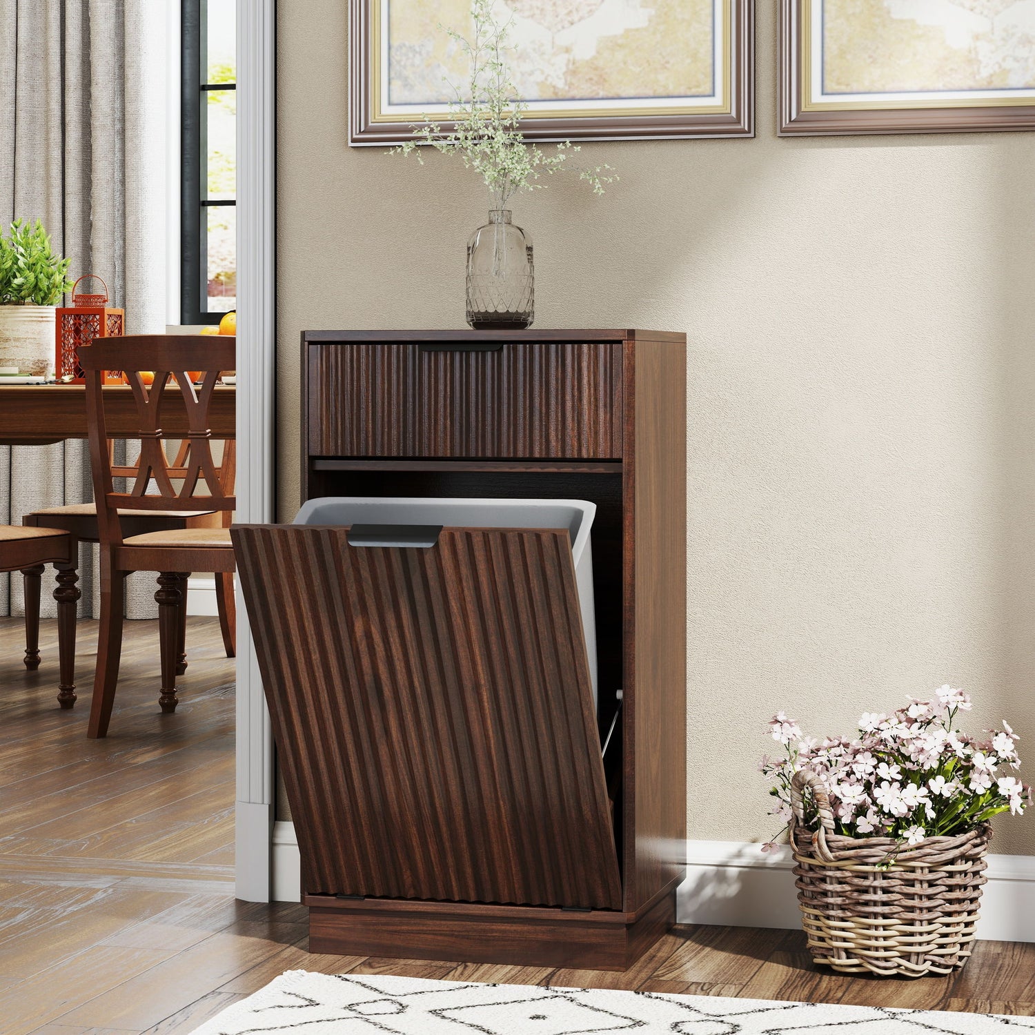 Tilt Out Trash Can Cabinet With Wave Textured Drawer &amp; Pull Out Bin