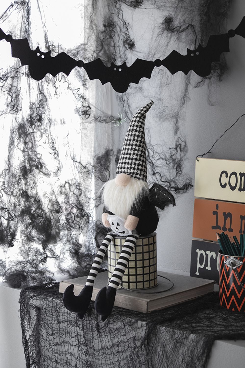 Sitting Gnome With Wings &amp; Plaid Hat, For Halloween Decor