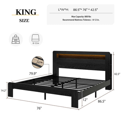 Wood Platform Bed Frame With Storage LED Light Headboard &amp; USB