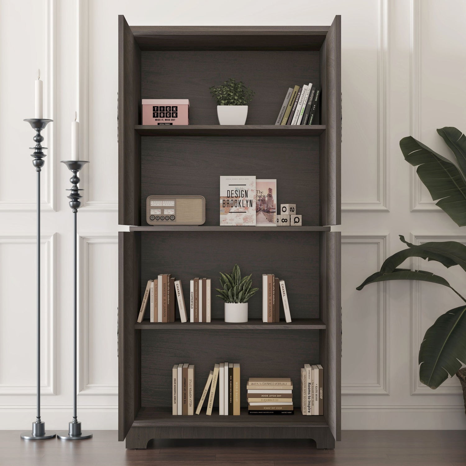 Modern Sideboard Buffet With 4 Mirrored Doors, Adjustable Shelves
