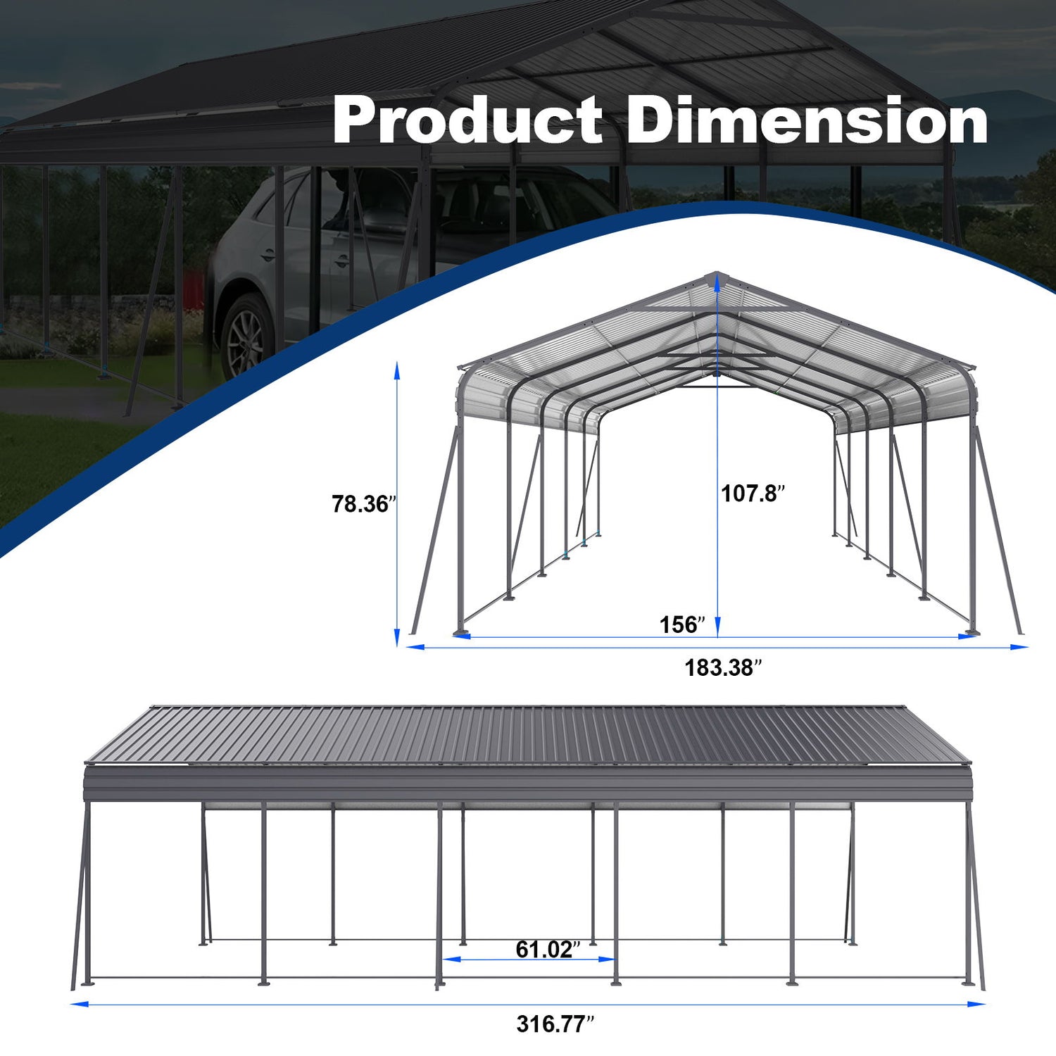 Metal Carport 13 X 26.5 Ft Heavy Duty With Galvanized Steel Roof Metal Garage Canopy With Galvanized Steel Roof &amp; Frame Car Tent Outdoor Storage Shed For Car Boats And Truck - Gray