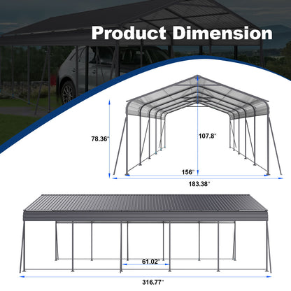 Metal Carport 13 X 26.5 Ft Heavy Duty With Galvanized Steel Roof Metal Garage Canopy With Galvanized Steel Roof &amp; Frame Car Tent Outdoor Storage Shed For Car Boats And Truck - Gray