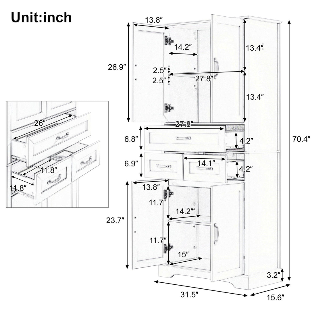 Tall Bathroom Storage Cabinet With 4 Doors 3 Drawers Adjustable Shelves - White