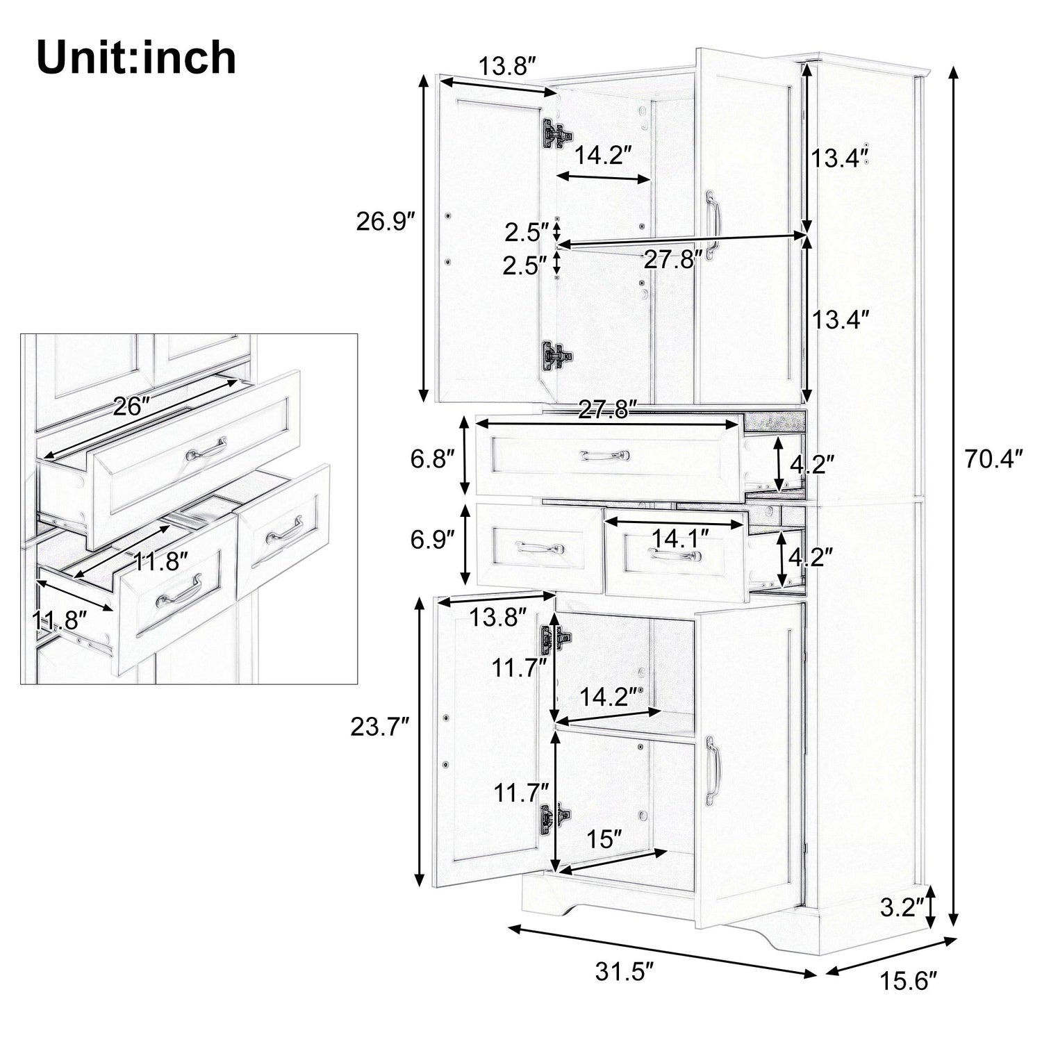 Tall Bathroom Storage Cabinet With 4 Doors 3 Drawers Adjustable Shelves - White