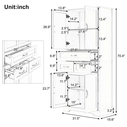 Tall Bathroom Storage Cabinet With 4 Doors 3 Drawers Adjustable Shelves - White