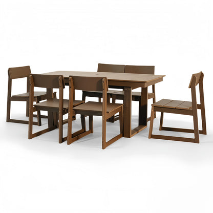 7 Piece Outdoor Dining Set For 6, Table With Umbrella Hole &amp; 6 Armless Chairs For Backyard - Brown