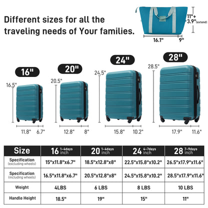 Hardshell Luggage Sets 4 Pieces + Bag Spinner Suitcase With Tsa Lock Lightweight - 16&quot; / 20&quot; / 24&quot; / 28&quot; Luggages