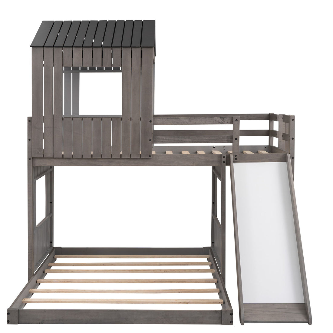 Loft Bunk Bed With Playhouse, Farmhouse, Ladder, Slide And Guardrails