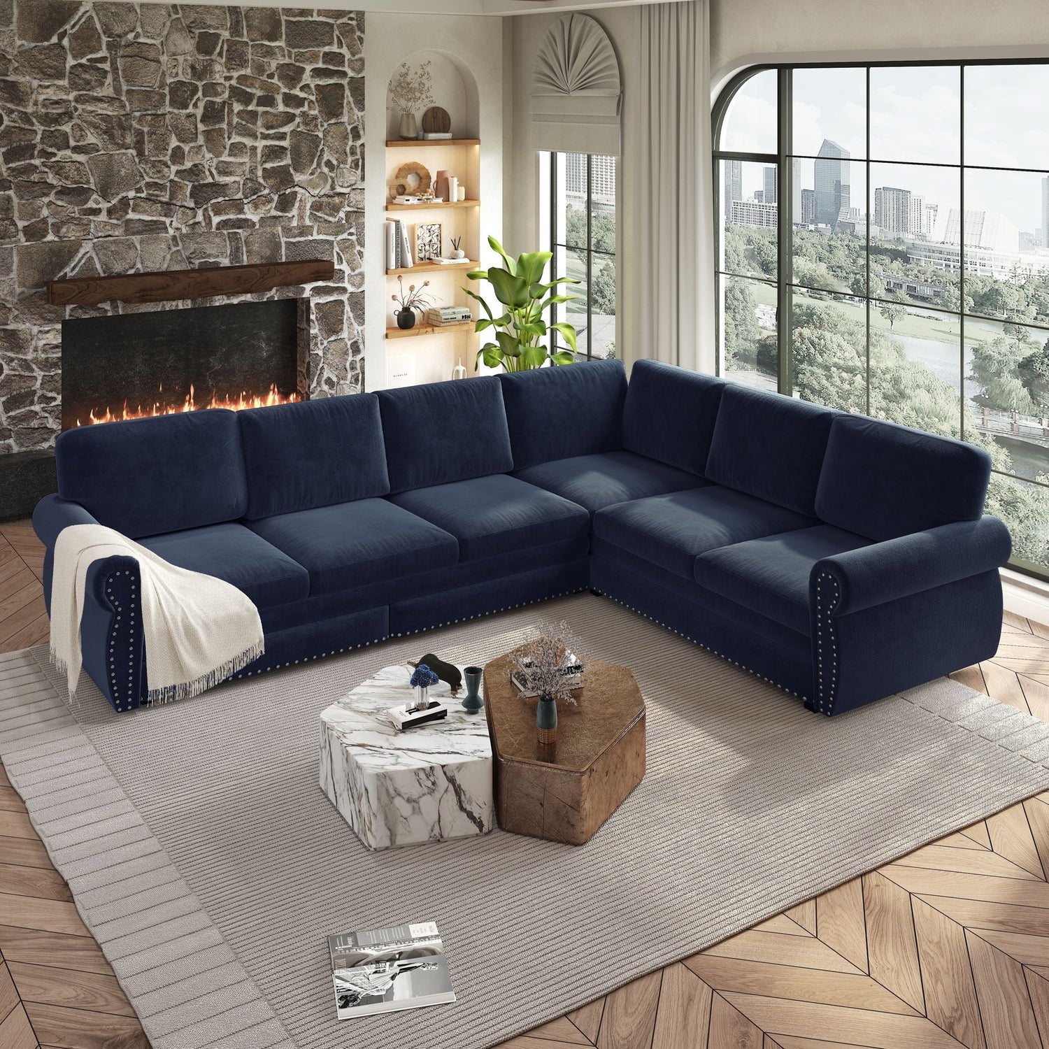 L-Shaped Sofa Couch With Pull Out Bed With Nailhead Trim &amp; Rolled Arm