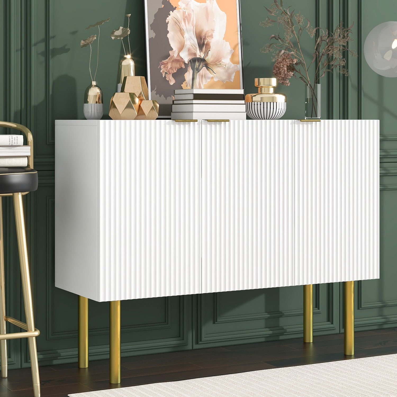 Modern Simple &amp; Luxury Style Sideboard Particle Board &amp; Board Cabinet With Gold Metal Legs &amp; Handles, Adjustable Shelves For Living Room, Dining Room