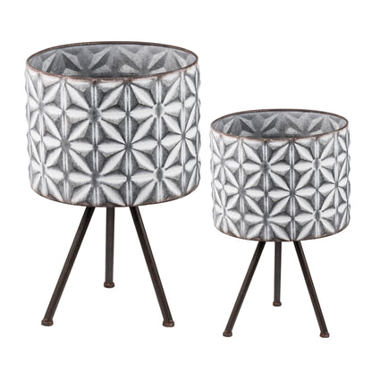 Metal Planter Stand, Round Galvanized Farmhouse Planter (Set of 2) - Gray