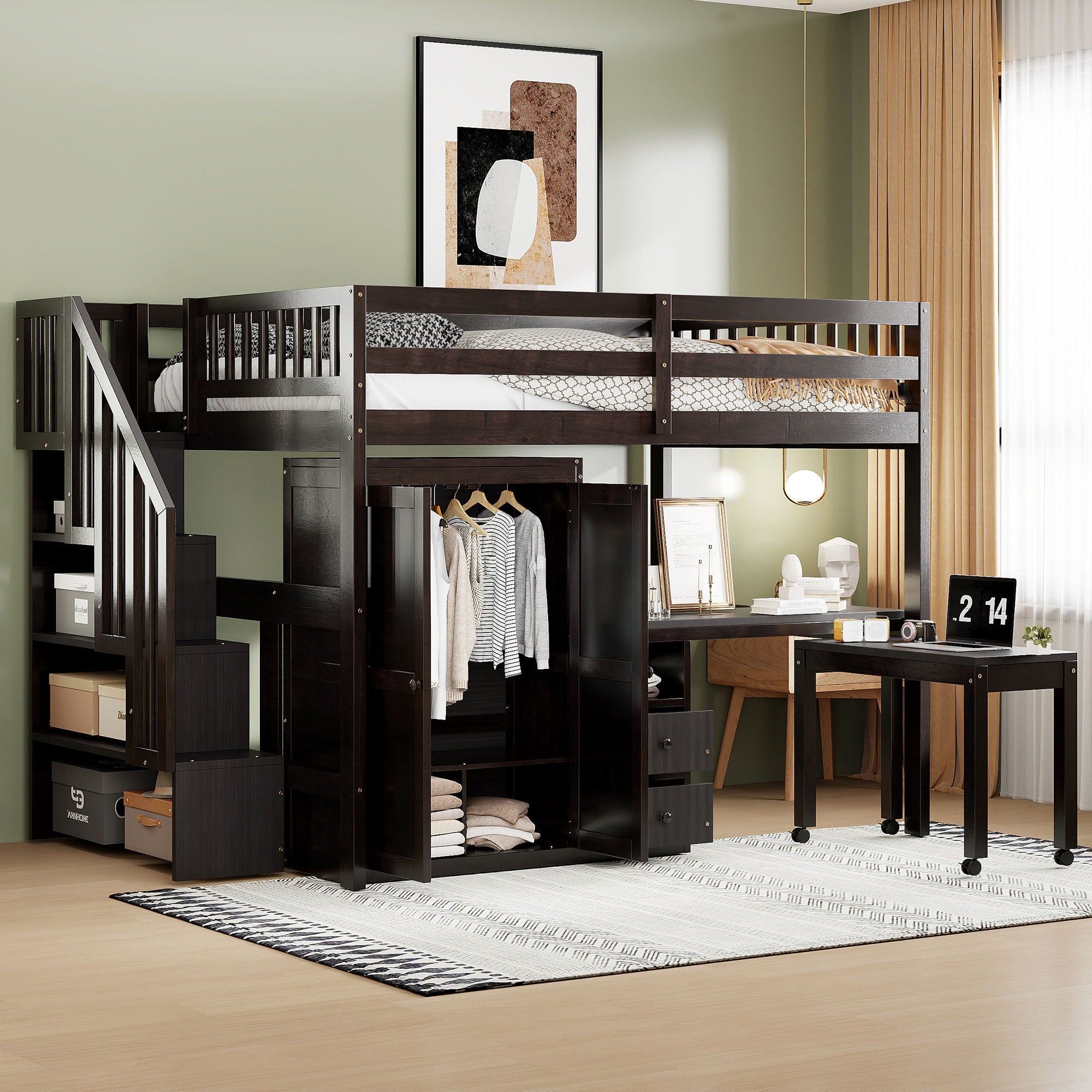 Loft Bed With Stairs, Bookshelf, Drawers, Desk &amp; Wardrobe, Space Saving Multifunctional Furniture